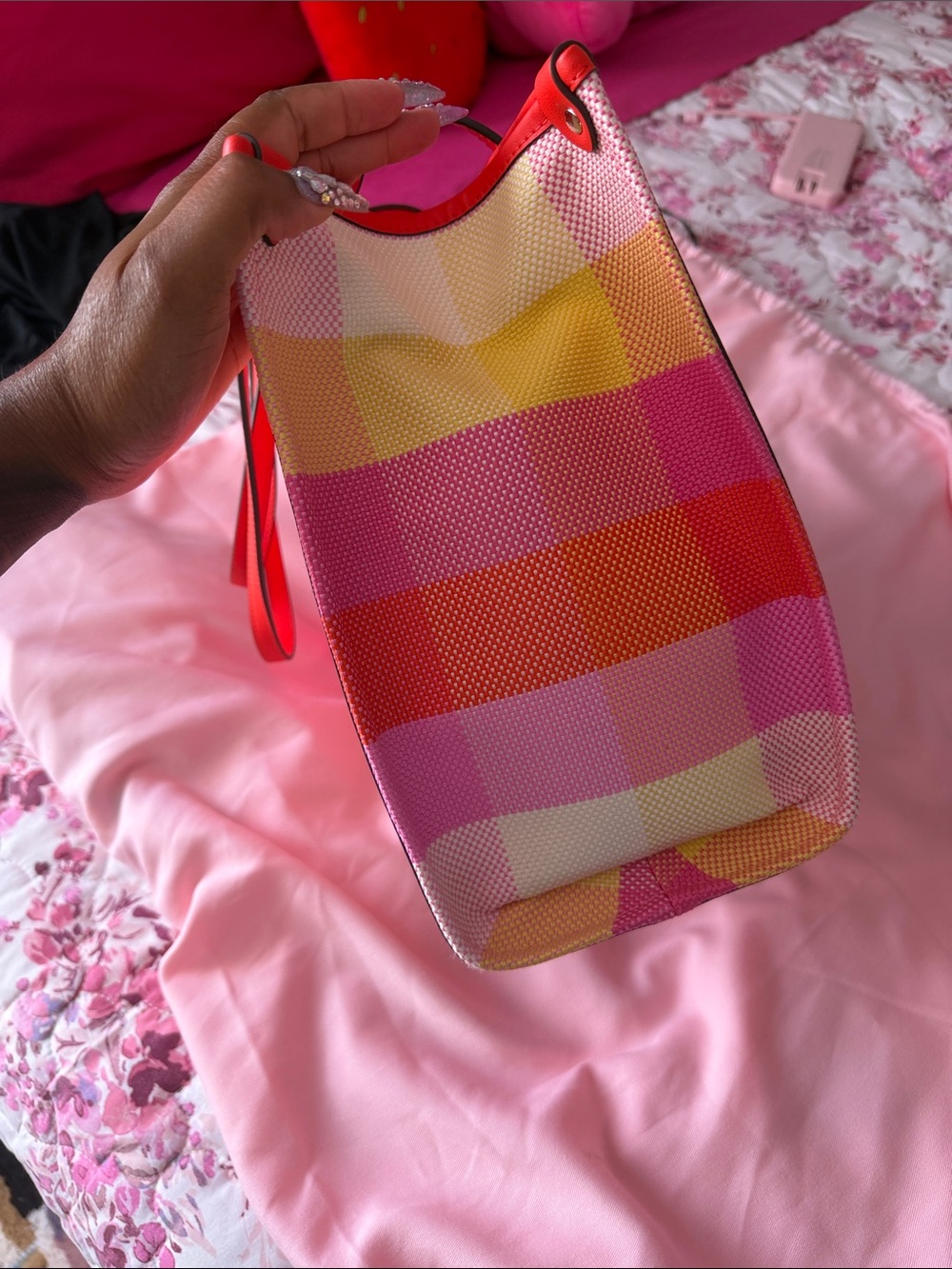 kate spade Pink, Orange & Yellow plaid Canvas Tote - Picture 4 of 14